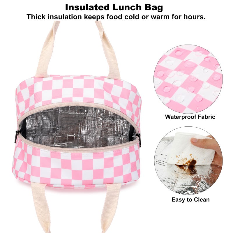 Dezcrab Checkered Lunch Bag for Girls Women  Cute Insulated Leakproof Lunch Box Container Reusable Cooler Lunch Tote Bag for Teens Kids Adults School Travel Picnic (Pink) - Image 4